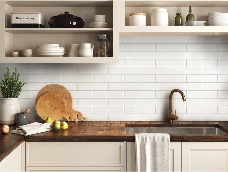 Decopus Peel and Stick Subway Tile Backsplash (Luxury Stone Composite - Ceramic White 2.5" x10"Brick x 42 pcs) for Kitchen, Bathroom, Accent Wall - Tile for Remodelling - Image 2